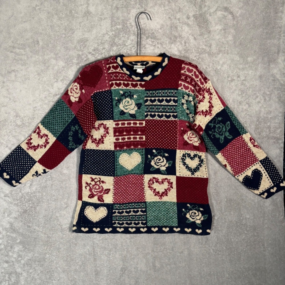 Classic Elements Vintage 90s Patchwork Heart Rose Knit Sweater Petite Large‎ USA